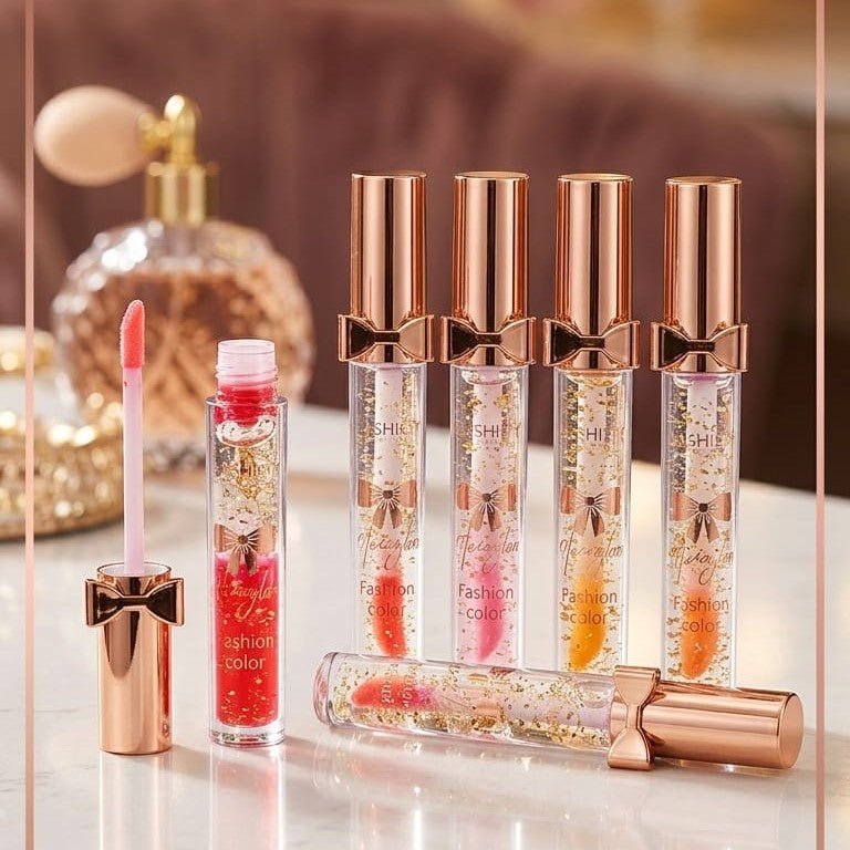 Luxury Pink Glossy Lip Oil With Gold Flakes High Shine Moisturizing Formula - AlSODEAL