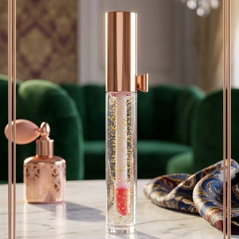 Luxury Pink Glossy Lip Oil With Gold Flakes High Shine Moisturizing Formula - AlSODEAL