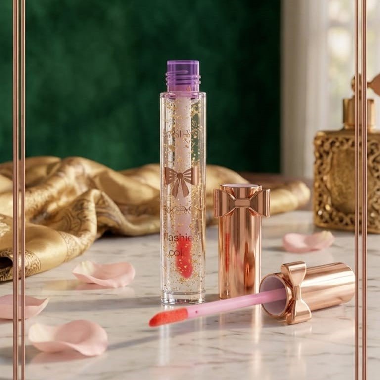 Luxury Pink Glossy Lip Oil With Gold Flakes High Shine Moisturizing Formula - AlSODEAL