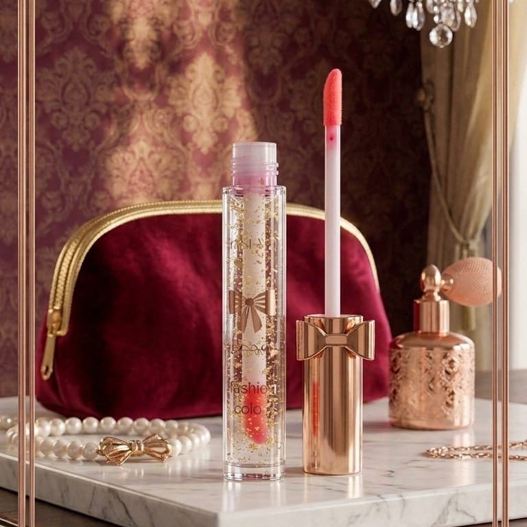 Luxury Pink Glossy Lip Oil With Gold Flakes High Shine Moisturizing Formula - AlSODEAL
