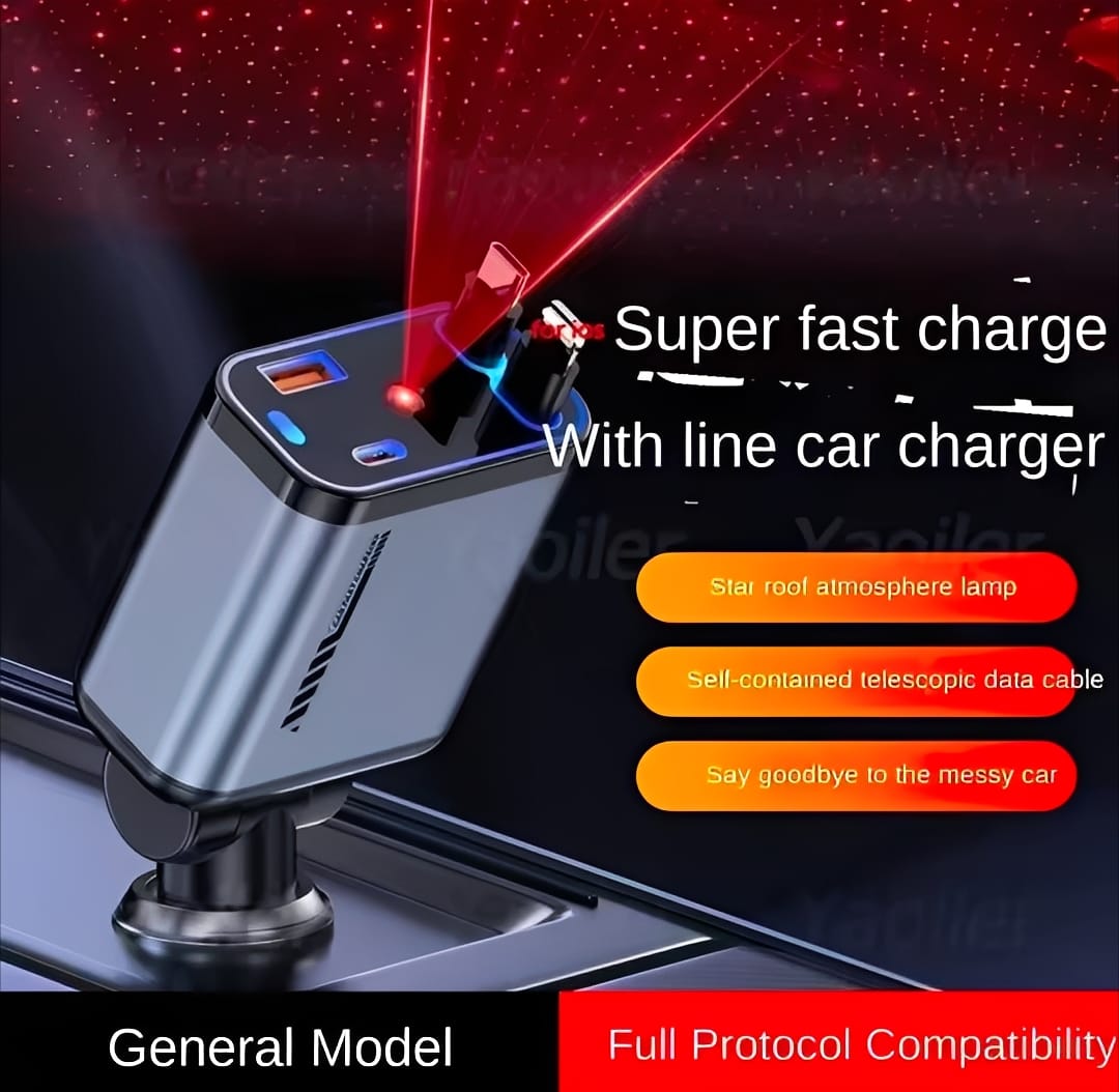 Super Fast 4 In 1 Multi Functional Car Charger Fast Charging With Star Light Providing Durable Quality -